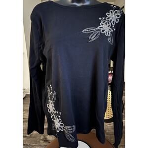 Karen Scott Womens Long Sleeve Top Large Black Floral Embroidered Sparkle Accent